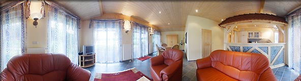 360-Grad-Panorama Wohnraum des Seeappartement 1 · Ferienpark am Ellbogensee