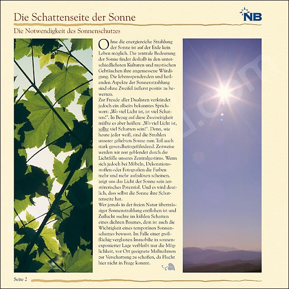 Seite 2 - Abbildungen von Sonne und Laub; als natürlicher Sonnenschutz NB Products - Notwendigkeit des Sonnenschutzes